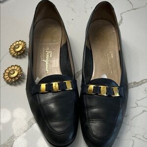 Salvatore Ferragamo Black Leather Flats with Gold Buckle